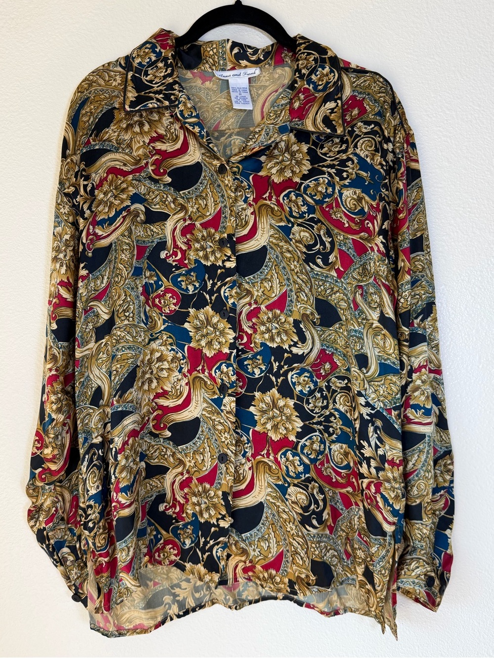 Anna and Frank Vintage 90s Silk Bold Baroque Print Button-Up Blouse, Medium